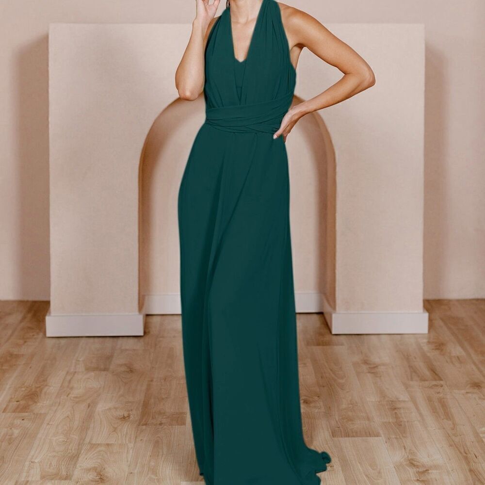 Revelry Devan Convertible Chiffon Dress Classic Emerald Size 10 Petite Maxi